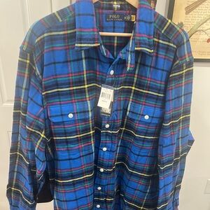 NWT Polo Ralph Lauren Big & Tall 2XB Blue Plaid Flannel Workshirt Long Sleeve